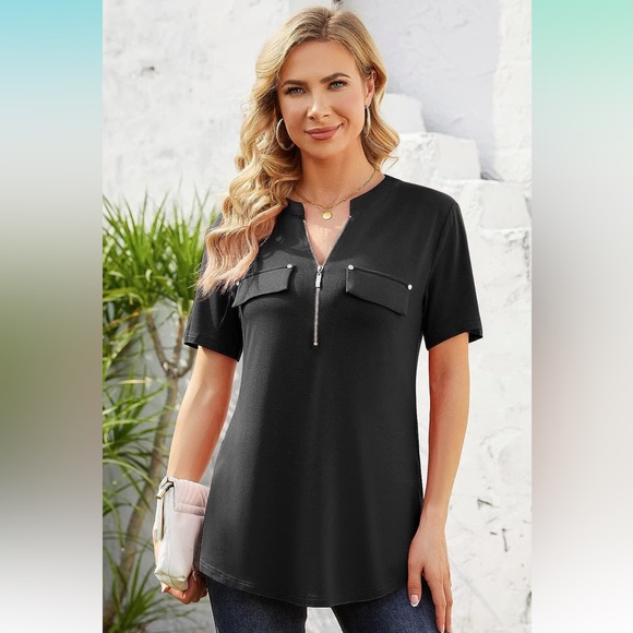 Bulotus Tops - Bulotus women’s zip front v-neck shortsleeve work casual top blouse